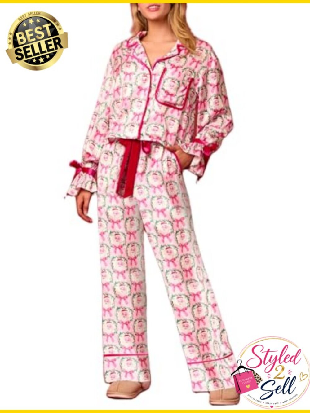 Argeousgor Christmas Pajamas Women 2 Piece Satin Silk Set Long Sleeve Sleepwear